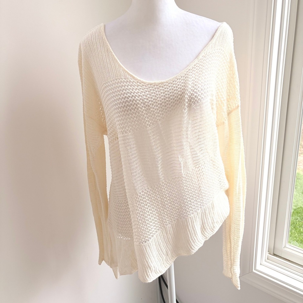Prana Open Knit Sweater Large Boho Cream Asymmetrical‎ Hem Mesh Crochet Pullover
